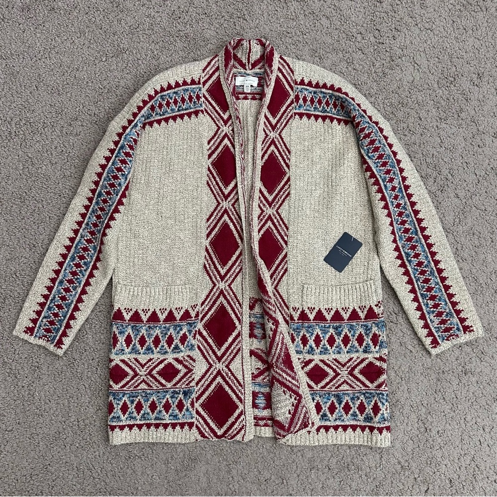 Lucky Brand Red Beige Aztec Chunky Knit Cardigan Tribal Open Front Womens M